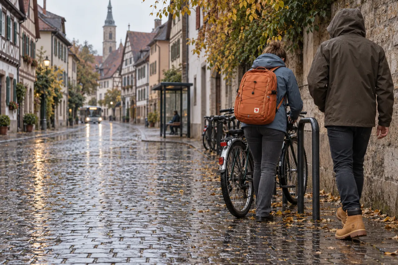 Frau schiebt ihr Fahrrad im Nieselregen durch eine Altstadt mit Kopfsteinpflaster, daneben ein Mann in Stiefeln (KI-generiertes Bild) (KI-generierte Darstellung)