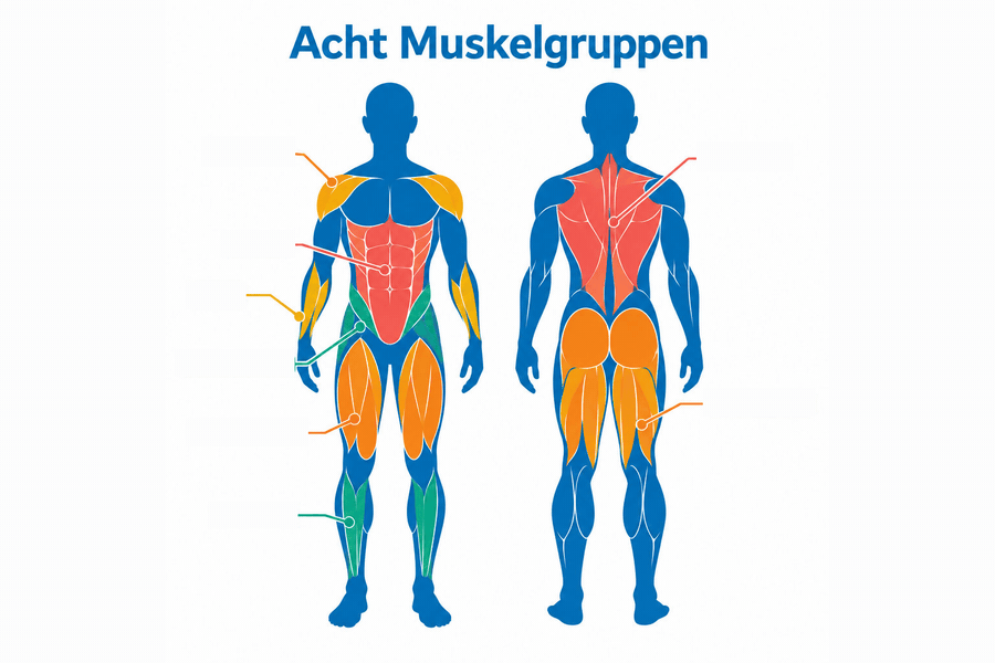 Infografik: acht Muskelgruppen von vorn und hinten, die Namen erscheinen nacheinander: Schultern, Rumpf, Griff, Hüftstabilisatoren, Beinvorderseite, Schienbein, Rücken, hintere Kette