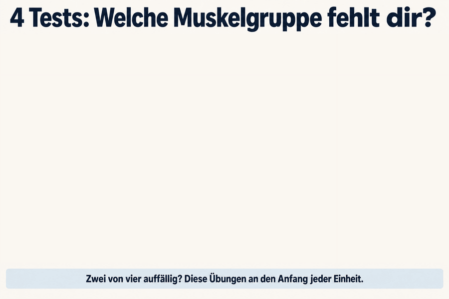 Anleitung: vier Tests, welche Muskelgruppe fehlt: 1 Einbeinstand 30 s, auffällig wenn das Becken kippt oder das Knie nach innen wandert; 2 einbeinige Kniebeuge zum Stuhl, auffällig wenn du dich abstützen musst; 3 Zehenheben 25 ×, auffällig wenn das Schienbein vor Nr. 15 brennt; 4 Außenrotation mit Handtuch, auffällig wenn der Arm zittert oder das Handtuch rutscht