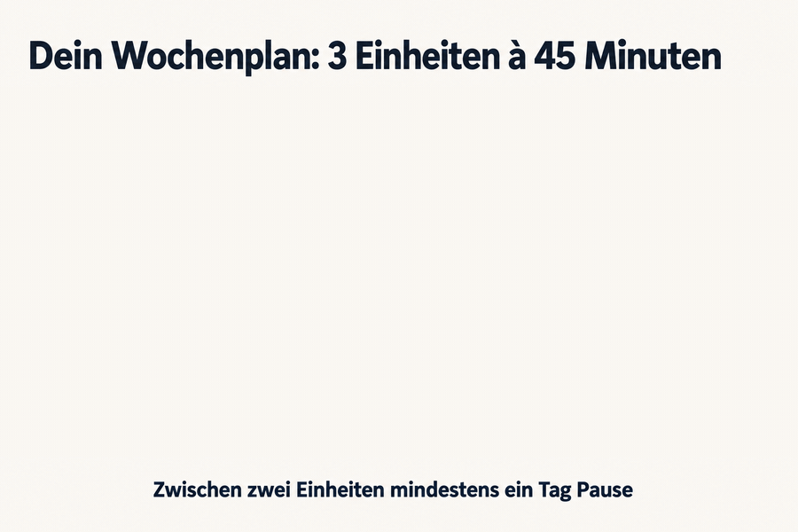 Wochenplan mit drei Einheiten à 45 Minuten: A Beine und Hüfte, B Zug und hintere Kette, C Druck und Ganzkörper, jeweils mit Übungen und Dosis; zwischen zwei Einheiten mindestens ein Tag Pause