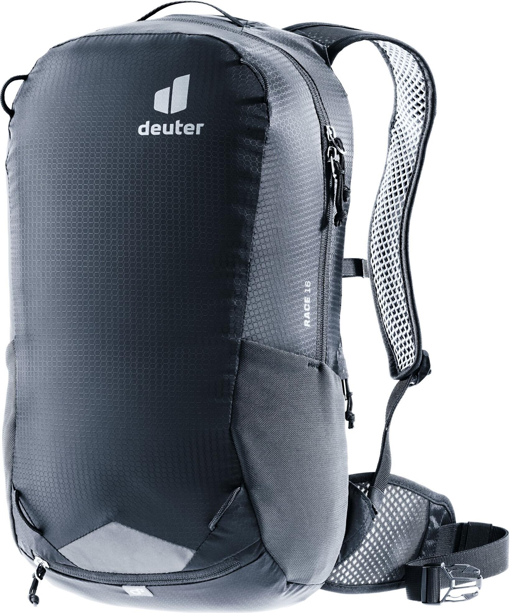 Schwarzer Deuter Race 16 Rucksack mit Schultergurten vor weißem Hintergrund