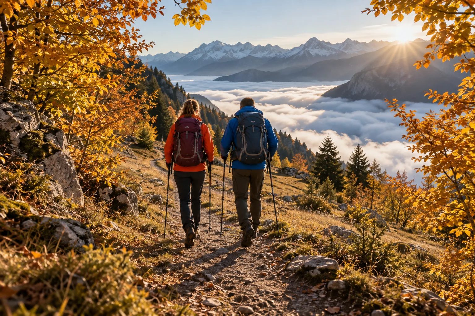 Zwei Wandernde von hinten auf einem Herbstweg über dem Nebelmeer, Buchenlaub, Alpengipfel im Morgenlicht