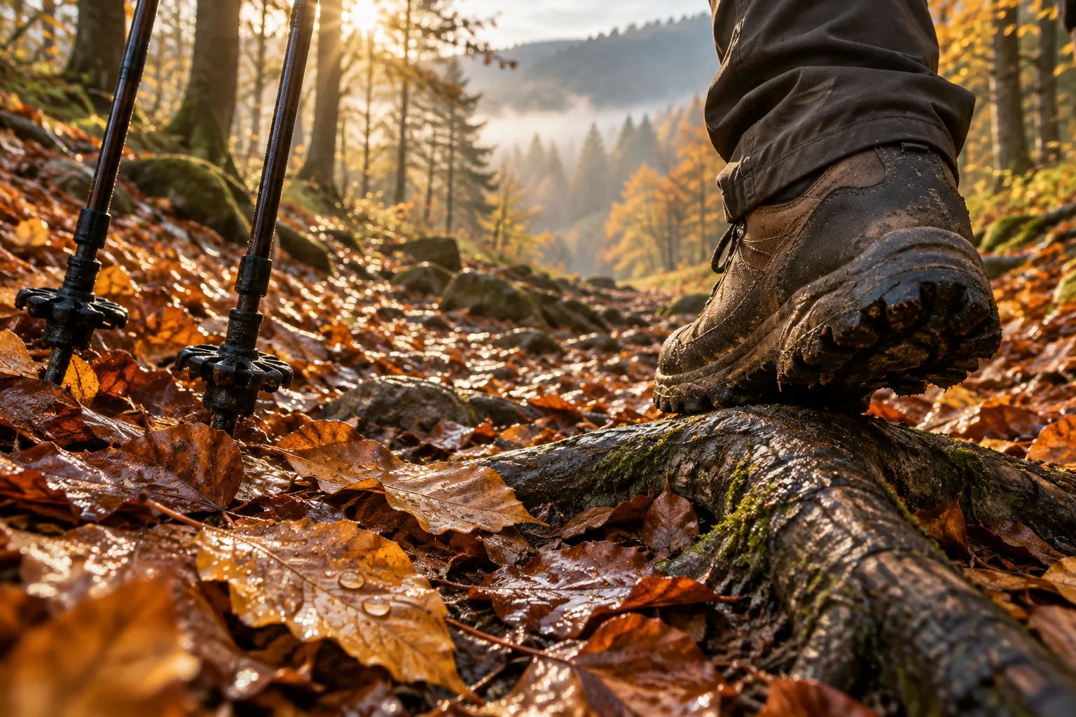Wanderweg im Herbstwald mit nassem Buchenlaub über Wurzeln, ein Paar Wanderschuhe mit grobem Profil und Stockspitzen im Vordergrund, Morgenlicht durch die Bäume