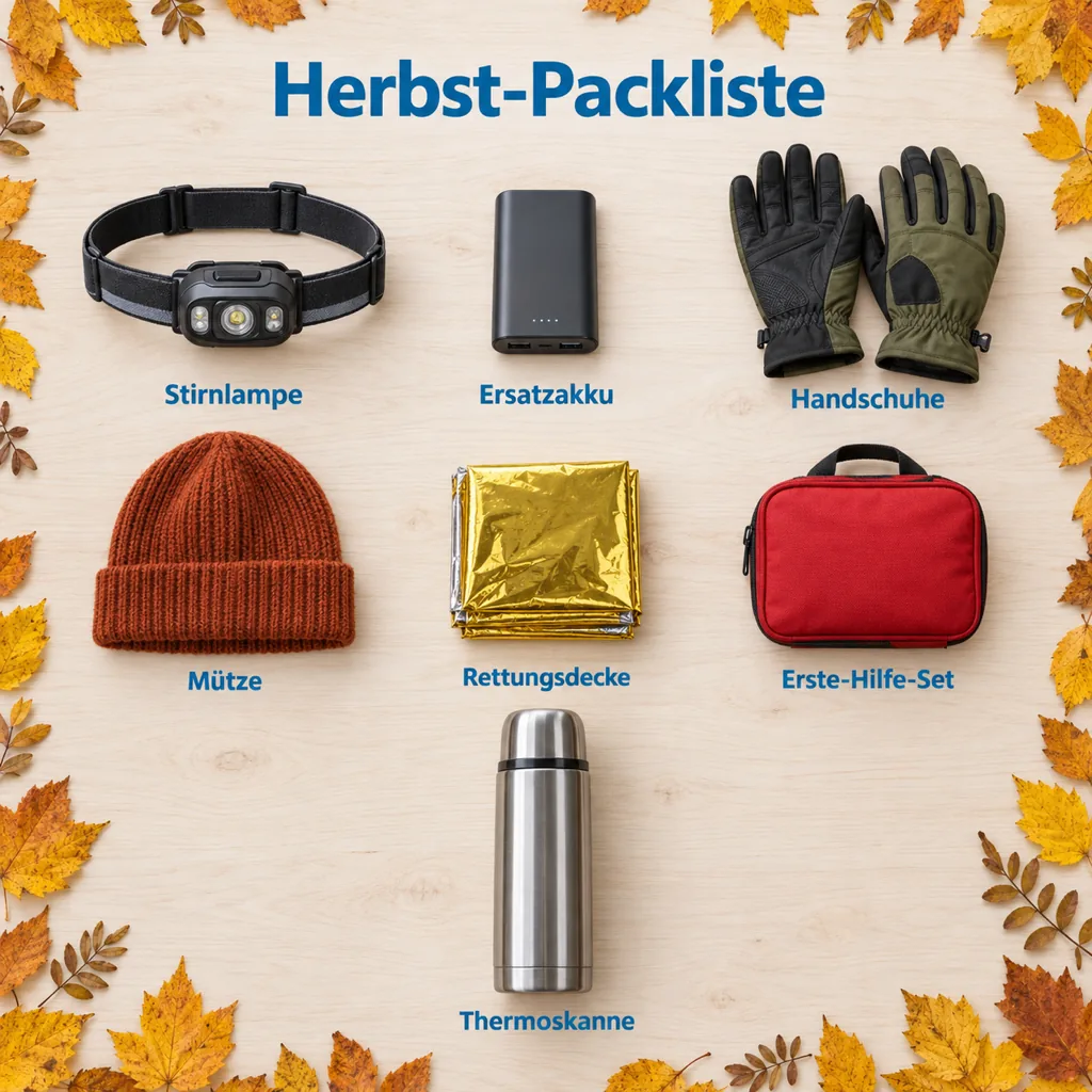 Infografik: Packliste Herbstwandern mit sieben Gegenständen auf einem Holztisch angeordnet, beschriftet mit Stirnlampe, Ersatzakku, Handschuhe, Mütze, Rettungsdecke, Erste-Hilfe-Set, Thermoskanne
