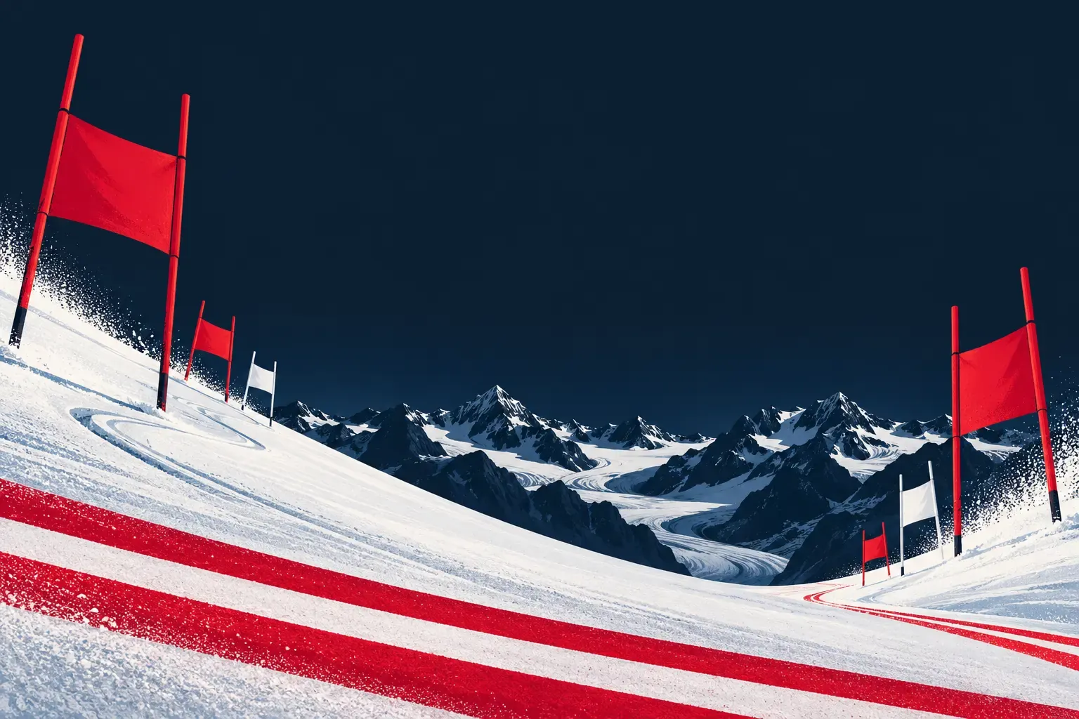Grafik mit rot-weißen Riesenslalom-Toren an einem Gletscherhang unter Nachthimmel